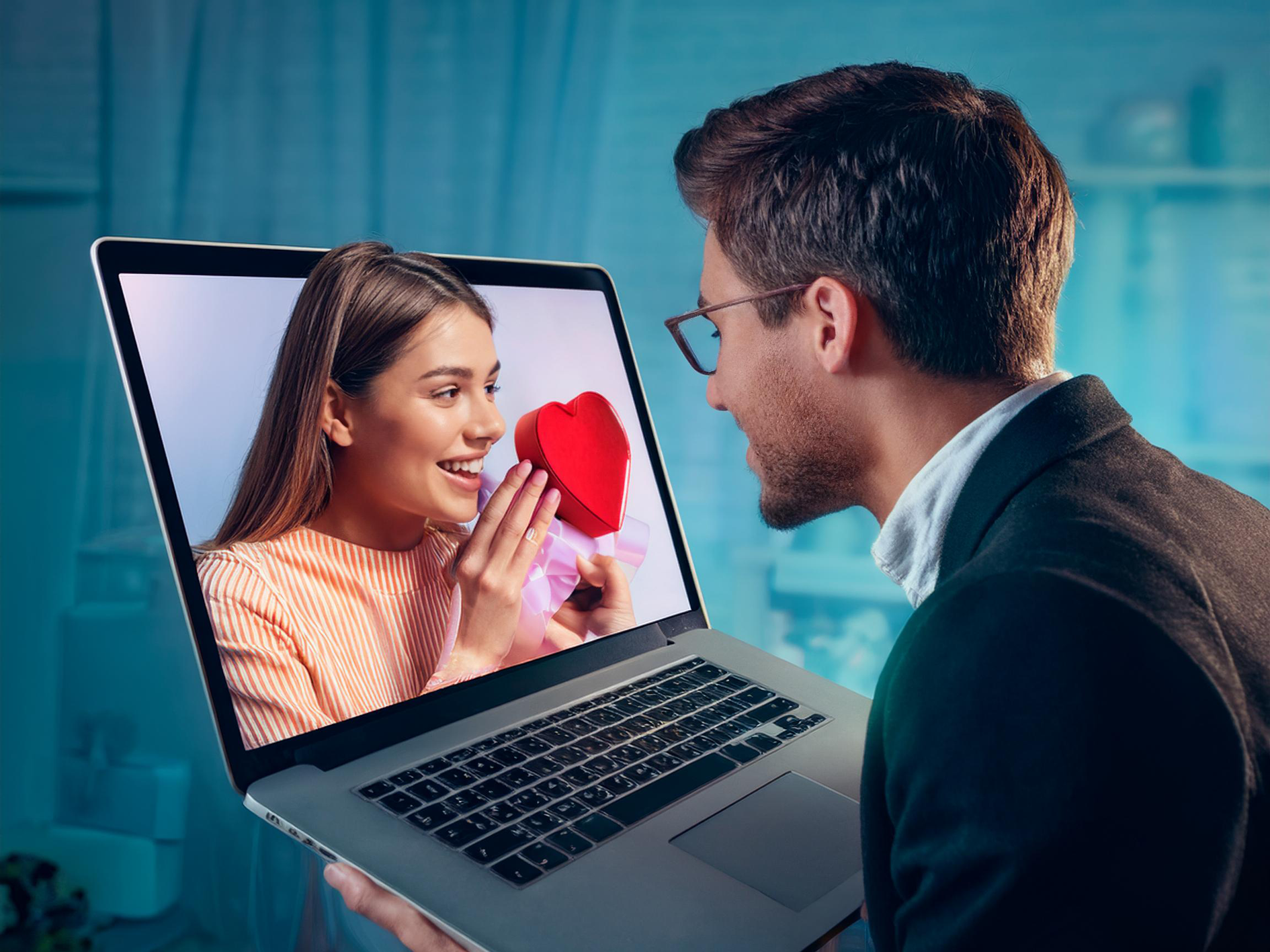 pretty-girl-tricks-man Pretty girl on laptop screen in romance scam depiction