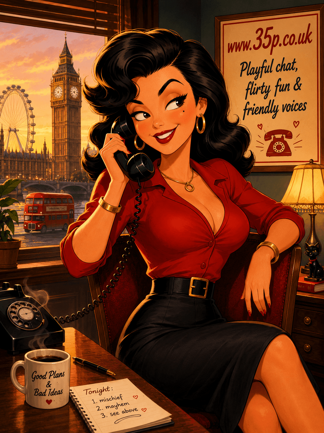 Playful retro-cartoon illustration of a glamorous dark-haired woman sitting in a vintage London office while chatting on a black rotary telephone. She wears a stylish red blouse and black skirt, smiling mischievously toward the viewer. Through the window behind her are Big Ben, the London Eye and a classic red London bus at sunset. A framed poster on the wall reads “www.35p.co.uk – Playful chat, flirty fun & friendly voices.” The scene has warm cinematic lighting, pin-up inspired styling and a light-hearted vintage British chatline advert feel.