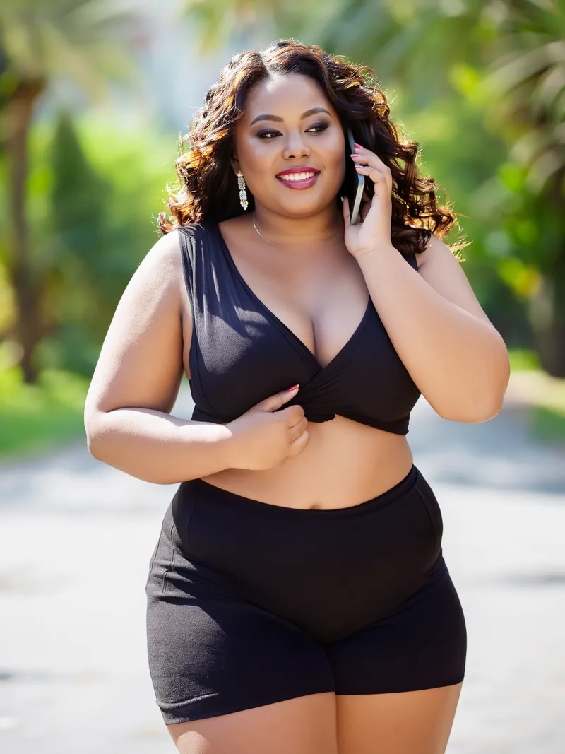 bbw-phone-sex-2 Mixed race plus sized woman with curly dark brown hair and a black top talking on the phone
